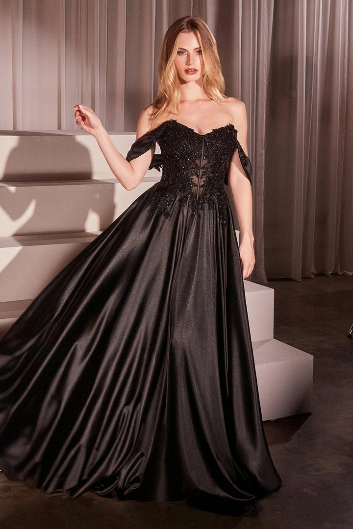 Lumidress Glamorous Off Shoulder Satin Lace Applique A-Line Gown