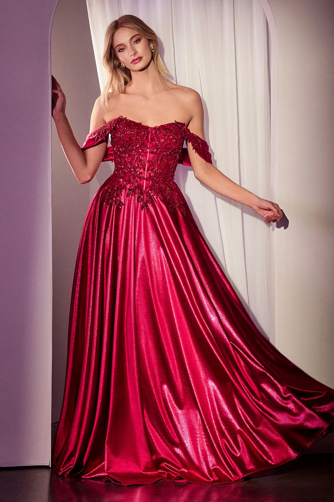 Lumidress Glamorous Off Shoulder Satin Lace Applique A-Line Gown