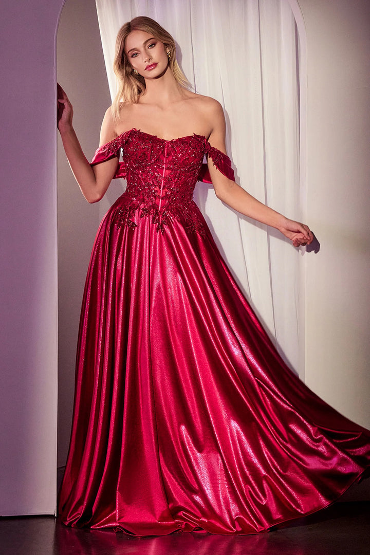 Lumidress Glamorous Off Shoulder Satin Lace Applique A-Line Gown
