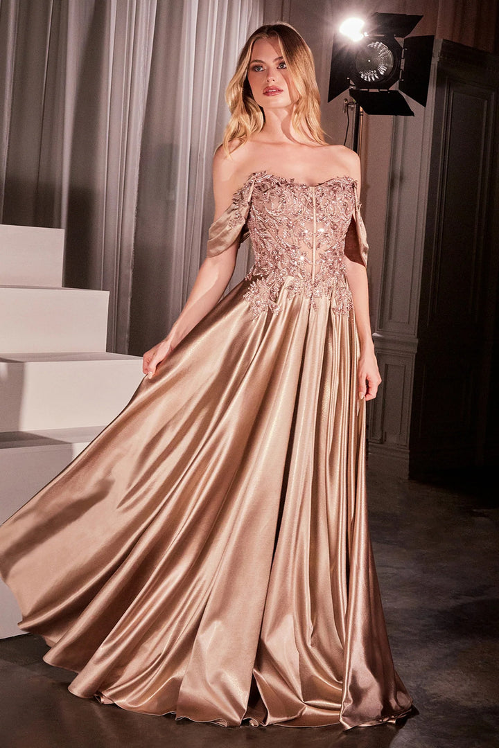 Lumidress Glamorous Off Shoulder Satin Lace Applique A-Line Gown