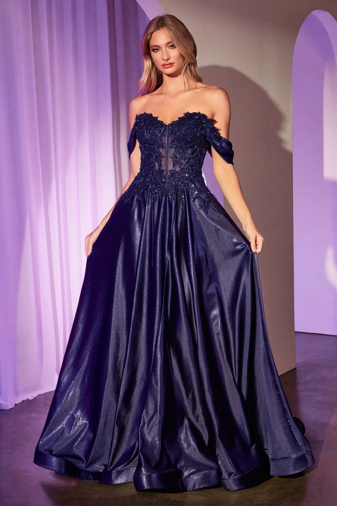 Lumidress Glamorous Off Shoulder Satin Lace Applique A-Line Gown