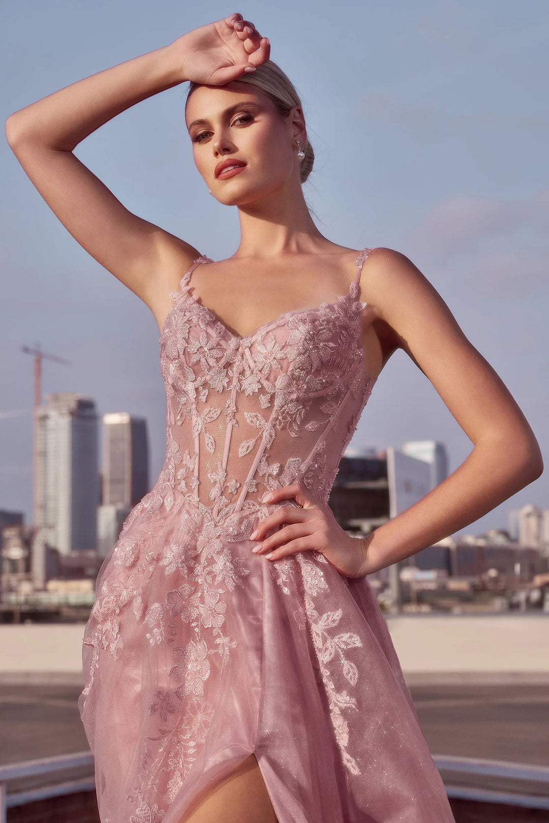 Lumidress Pink Off-Shoulder V-Neck Floral Applique A-Line Slit Gown