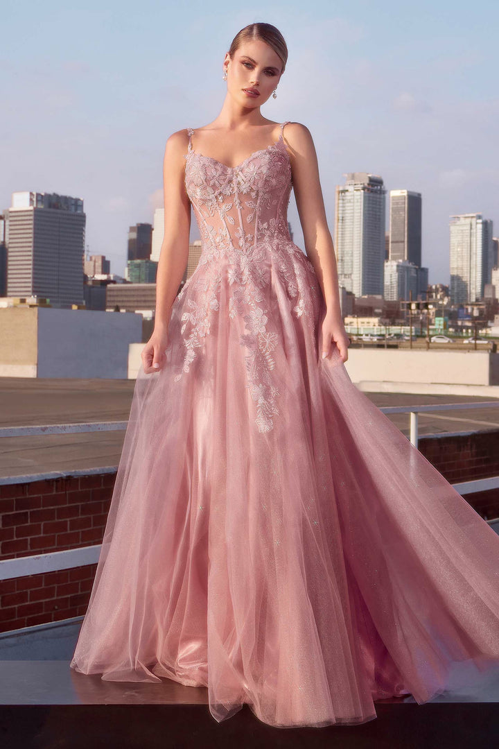 Lumidress Pink Off-Shoulder V-Neck Floral Applique A-Line Slit Gown
