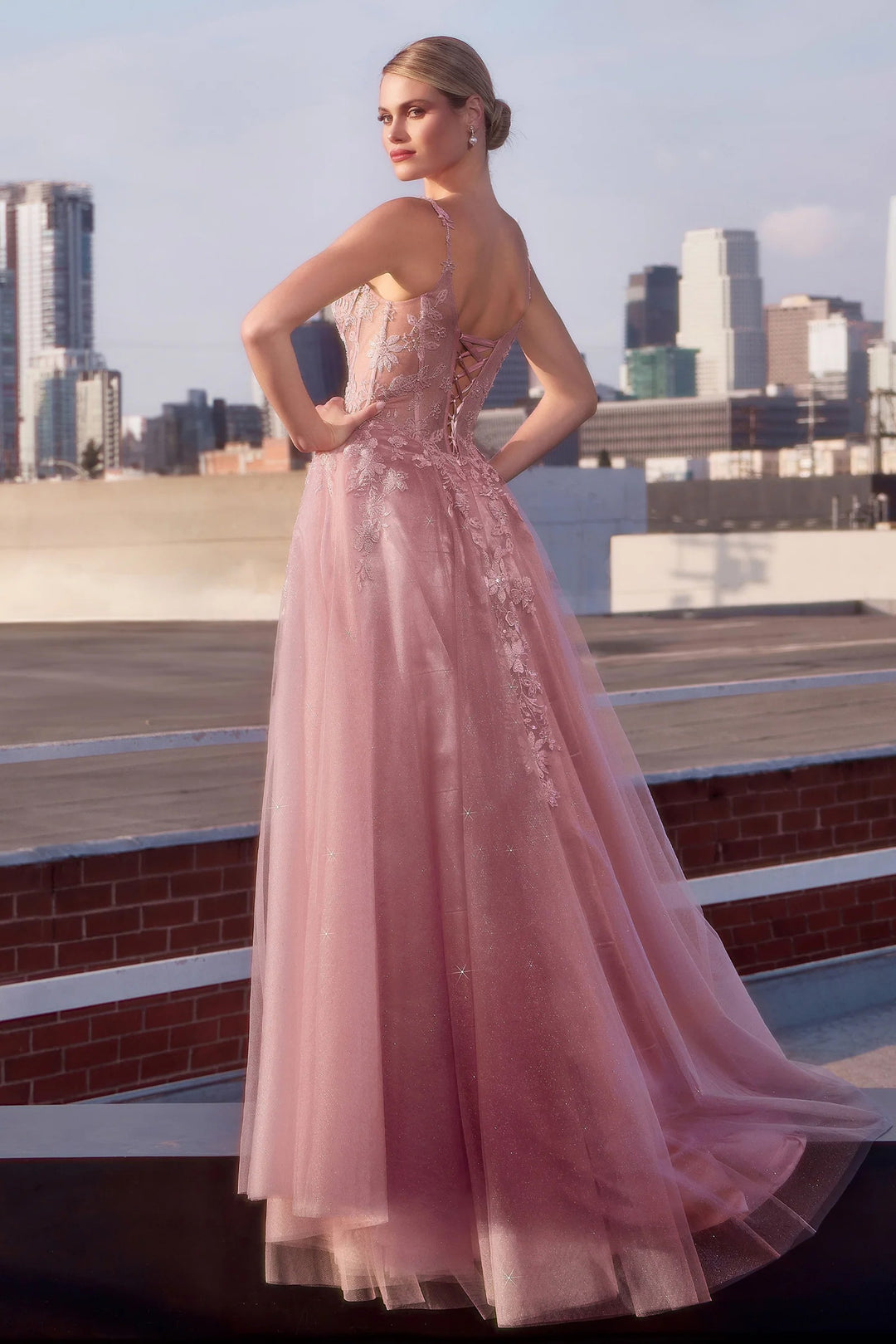 Lumidress Pink Off-Shoulder V-Neck Floral Applique A-Line Slit Gown