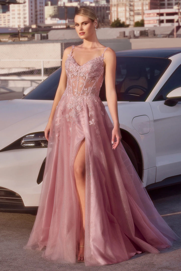 Lumidress Pink Off-Shoulder V-Neck Floral Applique A-Line Slit Gown