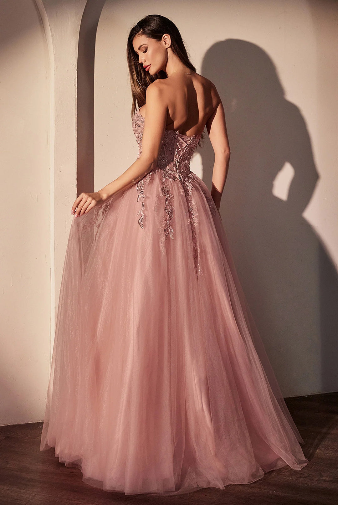 Lumidress Dusty Rose Applique Strapless Floor-Length A-Line Gown