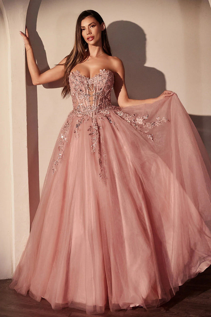 Lumidress Dusty Rose Applique Strapless Floor-Length A-Line Gown