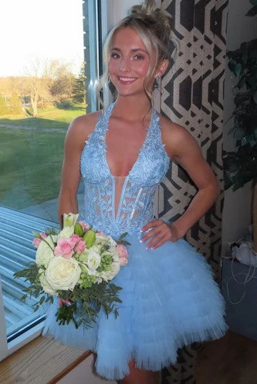 Lumidress Light Blue Lace Appliqué Halter Tulle Homecoming Dress