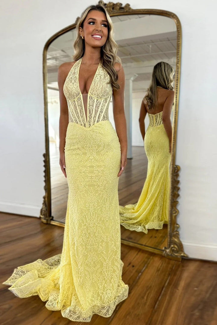 Lumidress Sunlit Romance Yellow Lace Halter Mermaid Prom Evening Gown