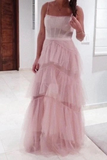 Lumidress Elegant Spaghetti Strap Tiered A-Line Long Prom Dress