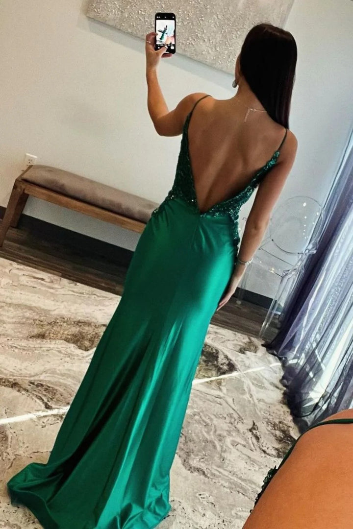 Lumidress Luxury Dark Green Satin Mermaid Prom Gown with Open Back Design