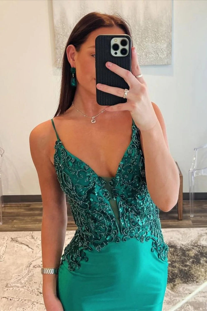 Lumidress Luxury Dark Green Satin Mermaid Prom Gown with Open Back Design