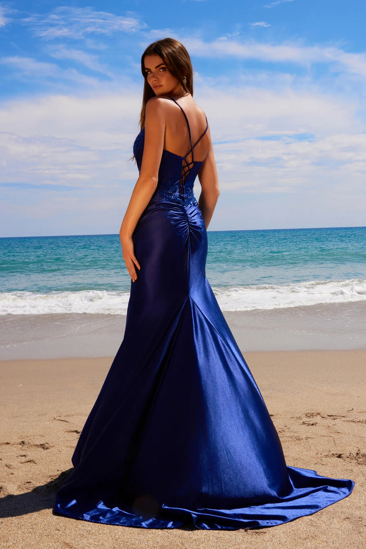 Lumidress Sleeveless Bead Applique Satin Corset Slit Gown