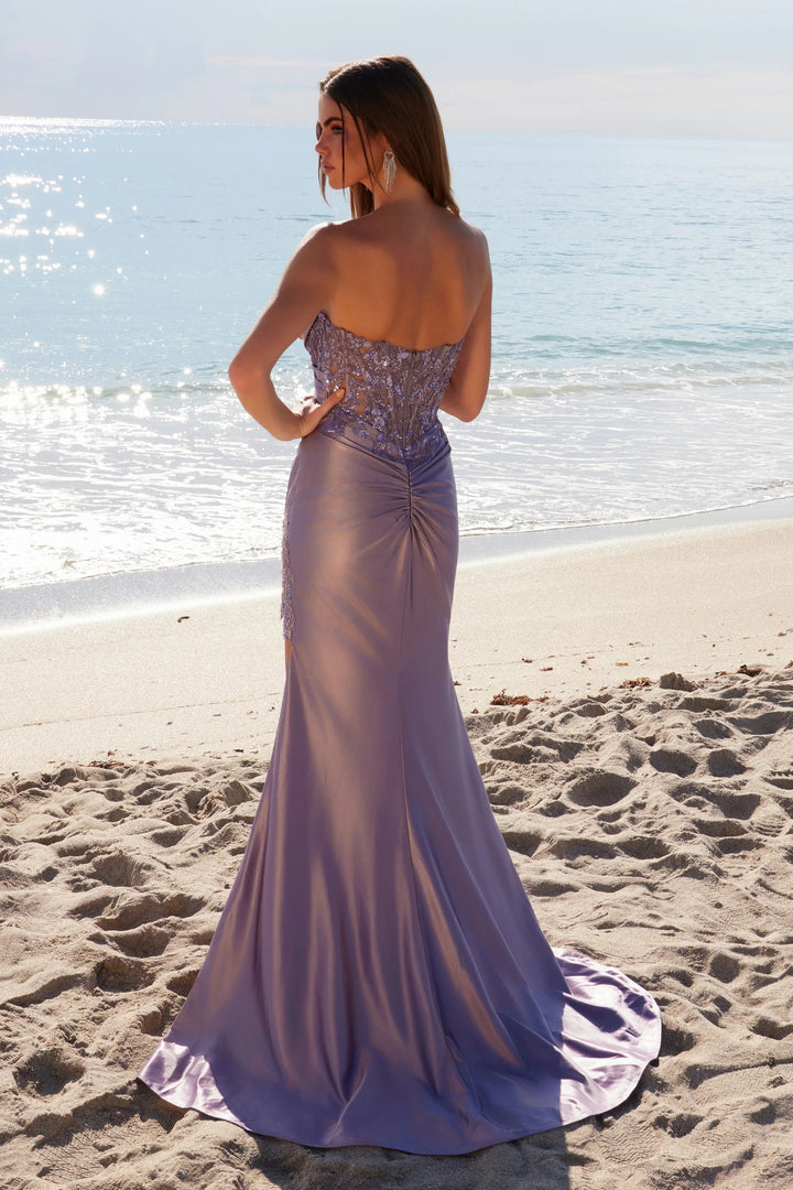 Lumidress Luxurious Satin Strapless Sequin Appliques Slit Gown