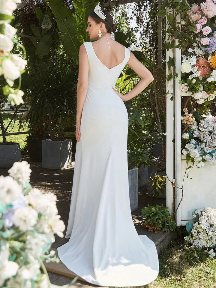Lumidress White V-Neck Sleeveless High Slit Wedding Dresses for Bride