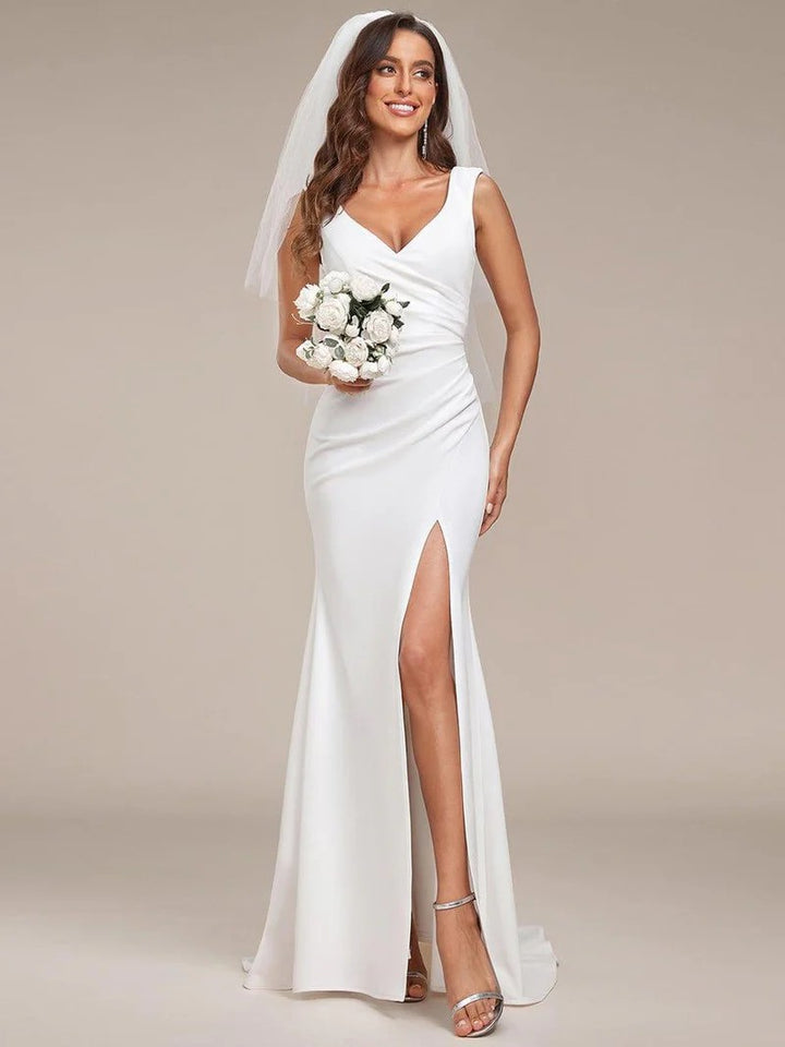 Lumidress White V-Neck Sleeveless High Slit Wedding Dresses for Bride