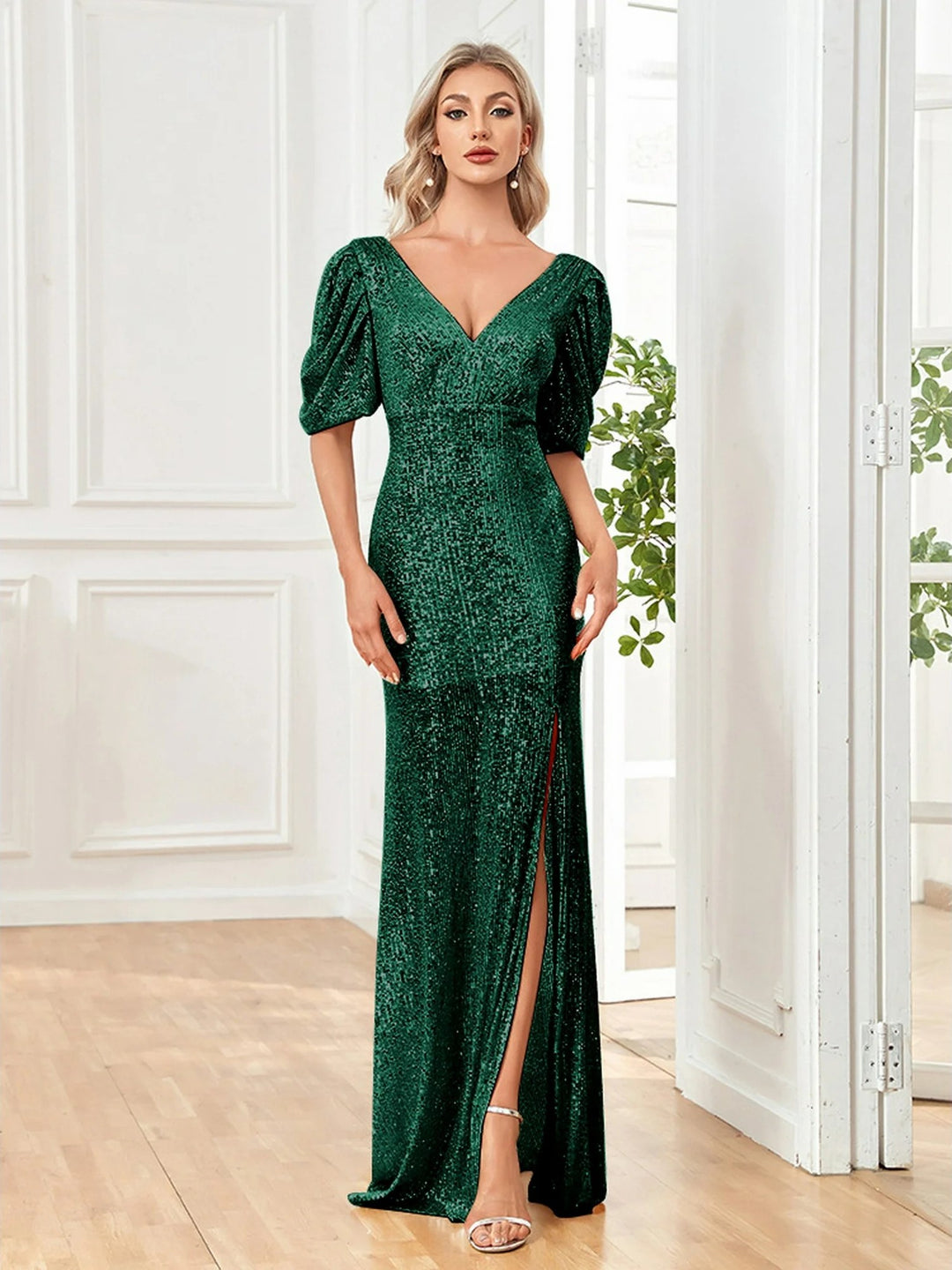 Lumidress Women Sexy V-Neck Sequin Floor-Length Split Evening Dress