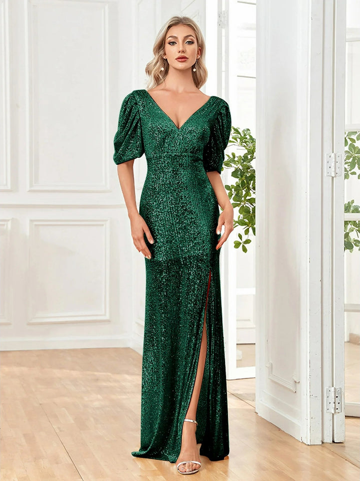 Lumidress Women Sexy V-Neck Sequin Floor-Length Split Evening Dress