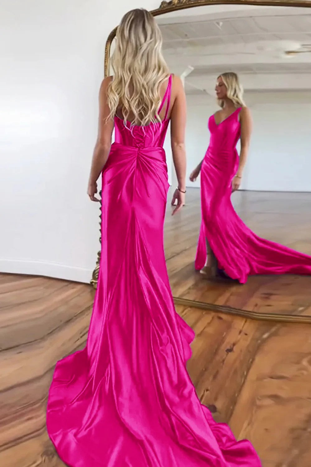 Lumidress Luxury Purple V-Neck Satin Mermaid Side Slit Prom Gown