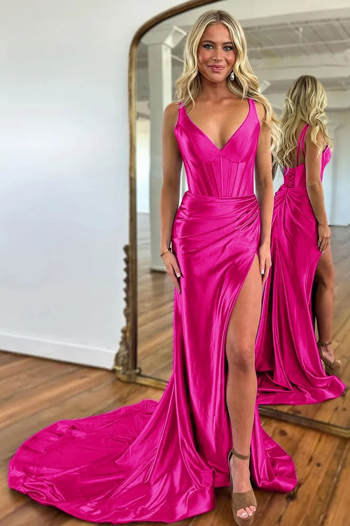 Lumidress Luxury Purple V-Neck Satin Mermaid Side Slit Prom Gown