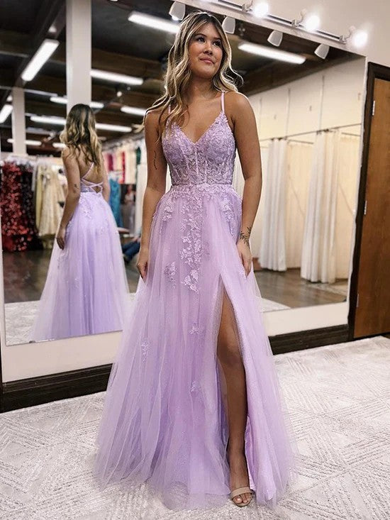 Lumidress Purple Corset Prom Dress with Lace Appliqués and High Slit