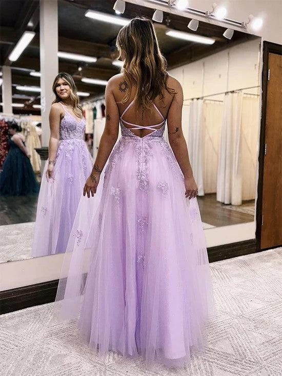 Lumidress Purple Corset Prom Dress with Lace Appliqués and High Slit