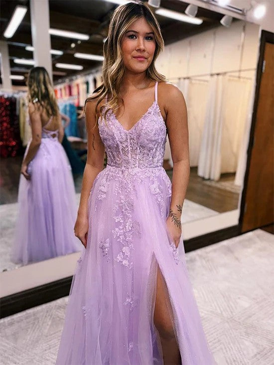 Lumidress Purple Corset Prom Dress with Lace Appliqués and High Slit