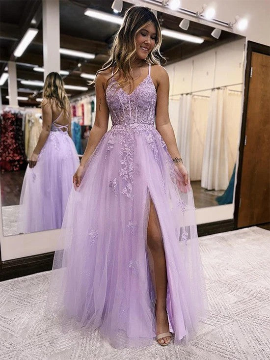 Lumidress Purple Corset Prom Dress with Lace Appliqués and High Slit