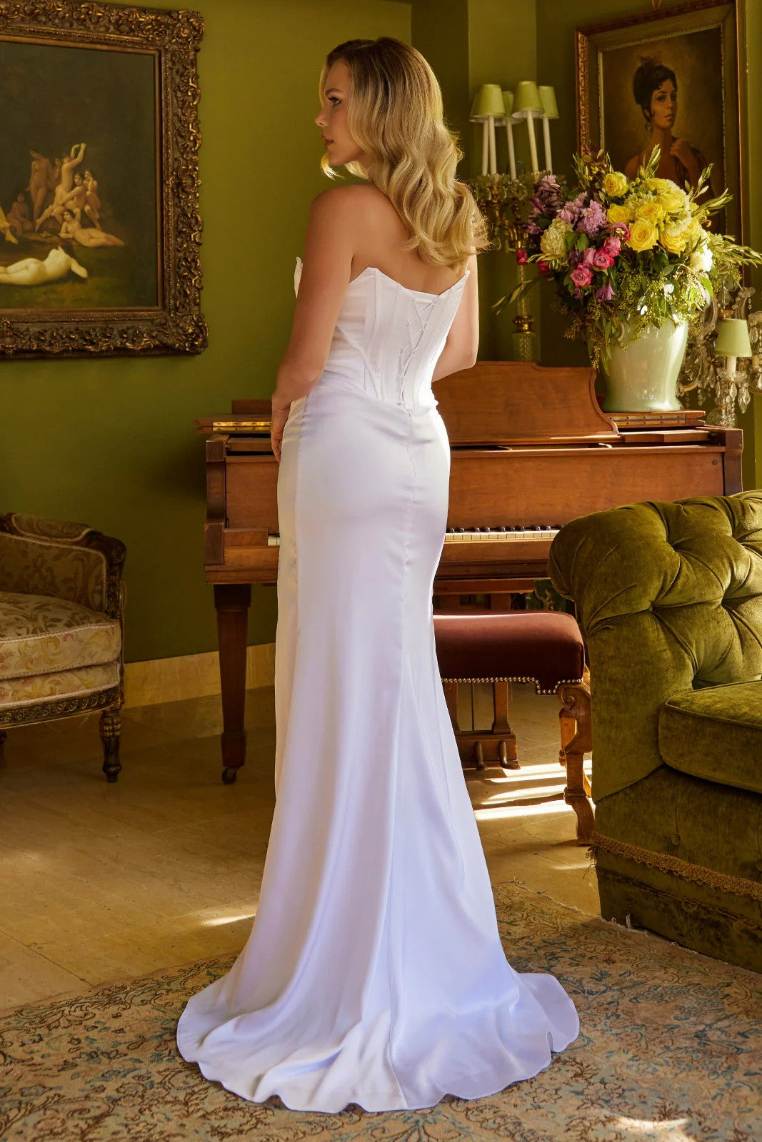 Lumidress White Strapless Prom & Evening Gown with Crystal Bodice and Slit