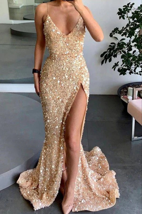 Lumidress Gold Sequin V-Neck Sleeveless Mermaid Prom Dress with High Slit