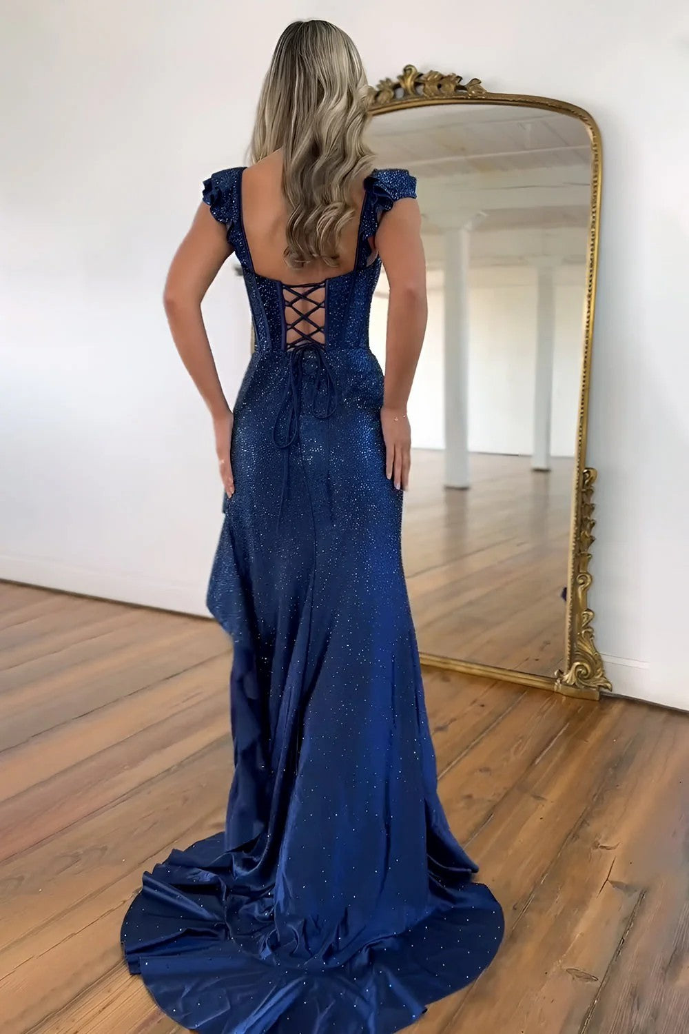 Lumidress Midnight Sparkle Navy Corset Mermaid High-Low Evening Gown