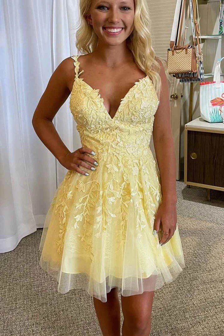 Lumidress Charming Yellow A-Line Short Homecoming Dress with Appliques