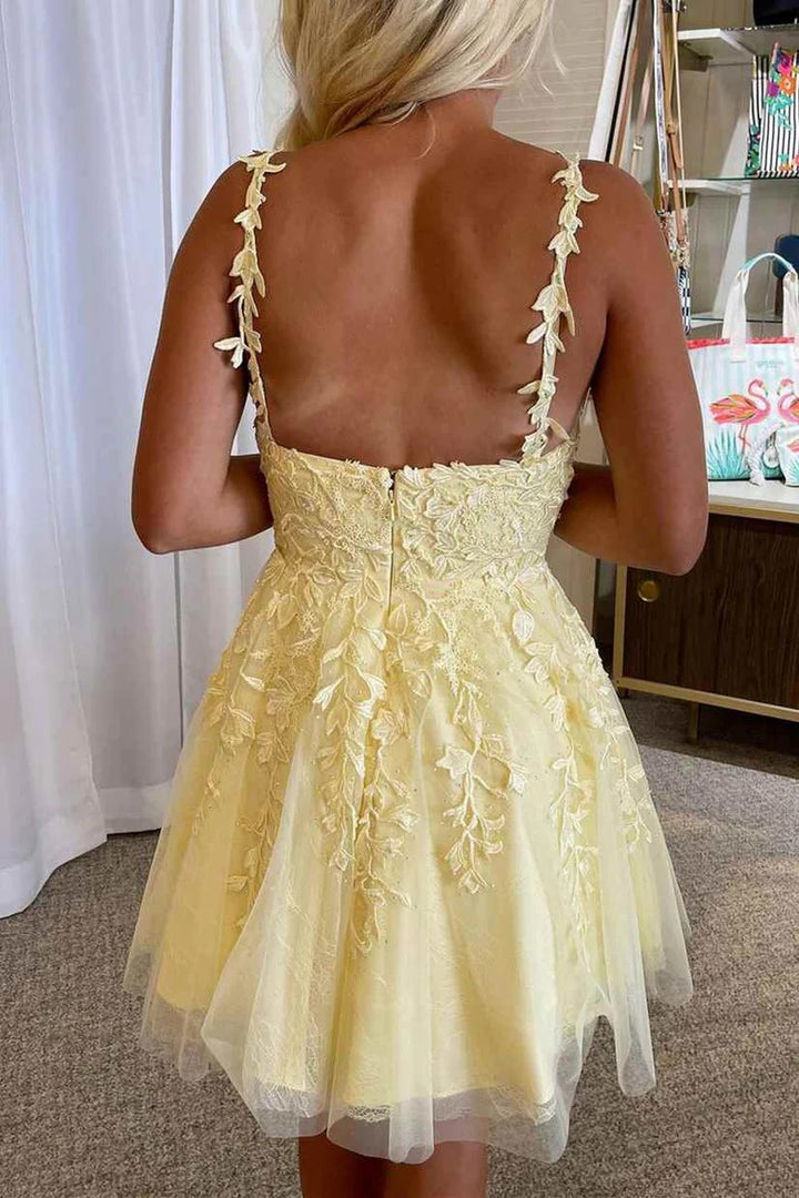 Lumidress Charming Yellow A-Line Short Homecoming Dress with Appliques