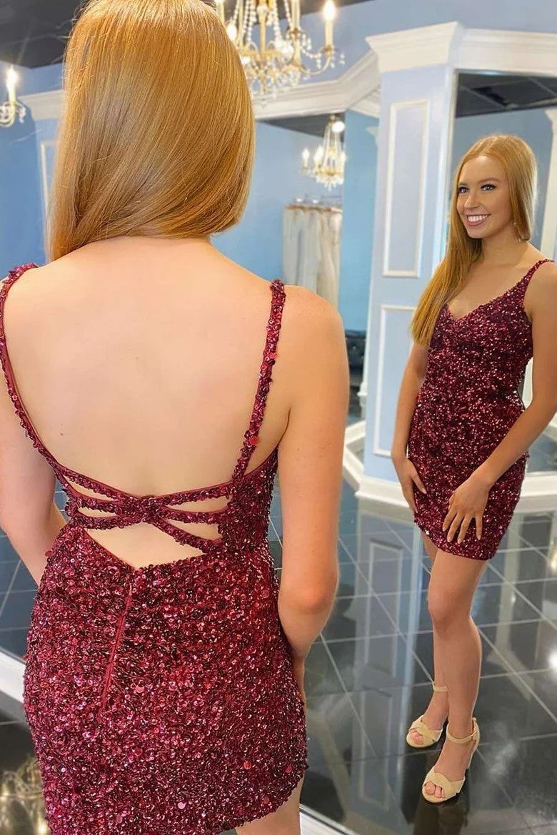 Lumidress Red Sequin V-Neck Bodycon Mini Homecoming Dress