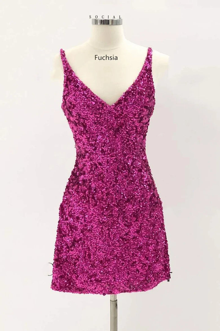 Lumidress Red Sequin V-Neck Bodycon Mini Homecoming Dress