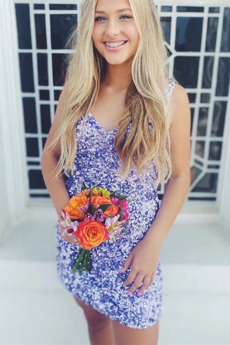 Lumidress Red Sequin V-Neck Bodycon Mini Homecoming Dress