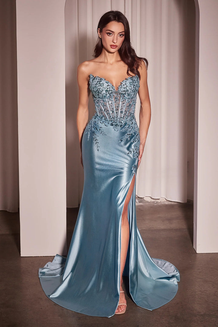 Lumidress Luxurious Satin Lace Applique Strapless Mermaid Slit Prom Gown
