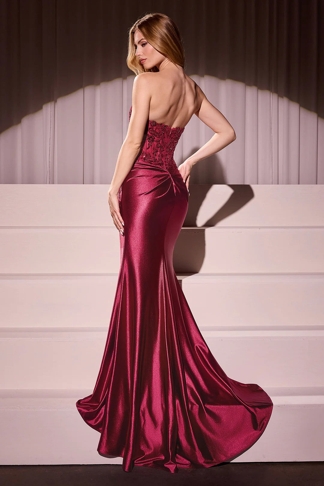 Lumidress Luxurious Satin Lace Applique Strapless Mermaid Slit Prom Gown