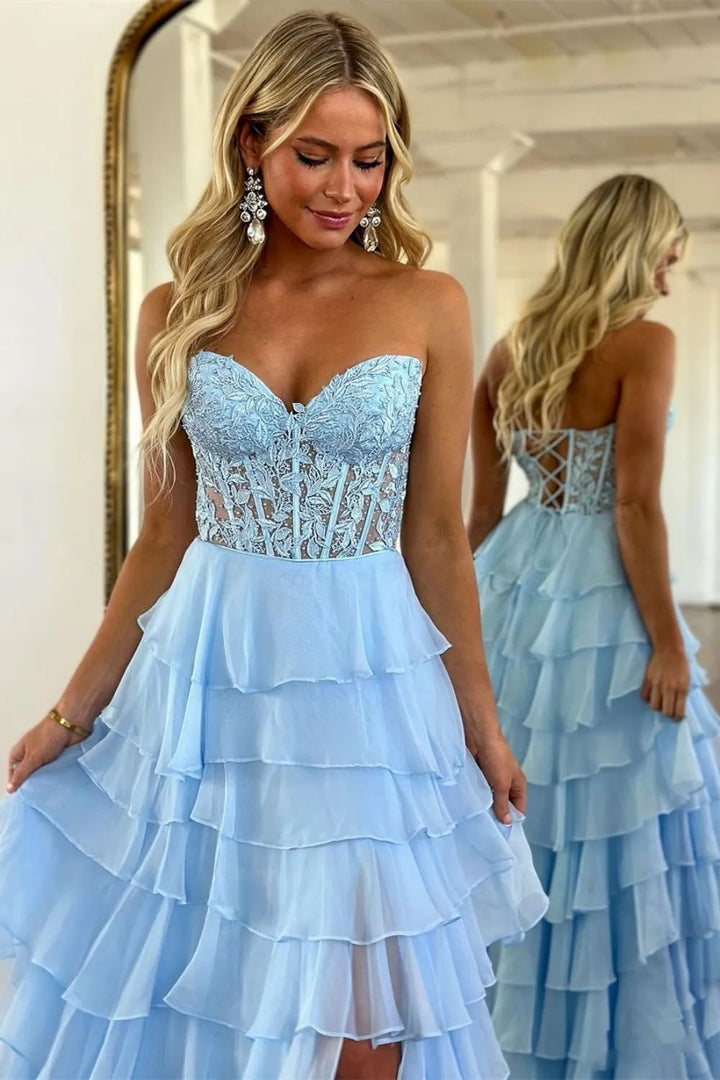 Lumidress Off-Shoulder Sweetheart Appliques Long Tiered Chiffon Slit Prom Dress