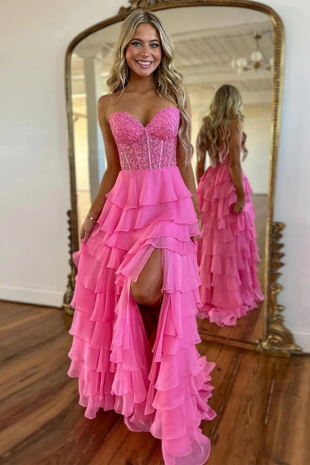 Lumidress Off-Shoulder Sweetheart Appliques Long Tiered Chiffon Slit Prom Dress