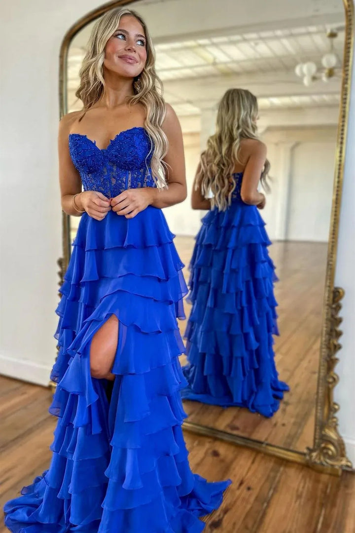 Lumidress Off-Shoulder Sweetheart Appliques Long Tiered Chiffon Slit Prom Dress