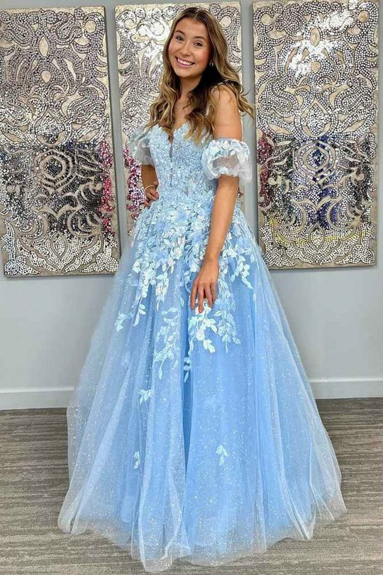 Lumidress A-Line Applique V-Neck Long Formal Prom Dress with Removable Sleeves