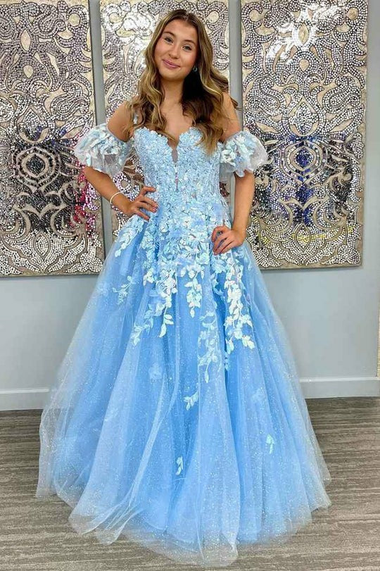 Lumidress A-Line Applique V-Neck Long Formal Prom Dress with Removable Sleeves