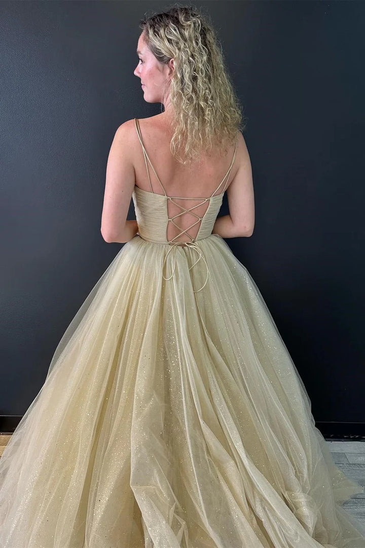 Lumidress Romantic Nude Surplice V-Neck Evening Gown with Lace-Up Back