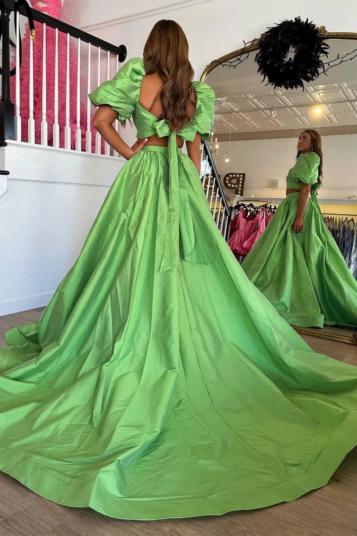 Lumidress Stylish Two-Piece Green Puff Sleeve Formal Dress with Tie-Back Detail