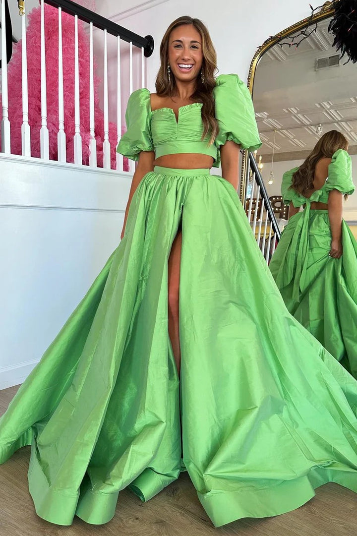 Lumidress Stylish Two-Piece Green Puff Sleeve Formal Dress with Tie-Back Detail