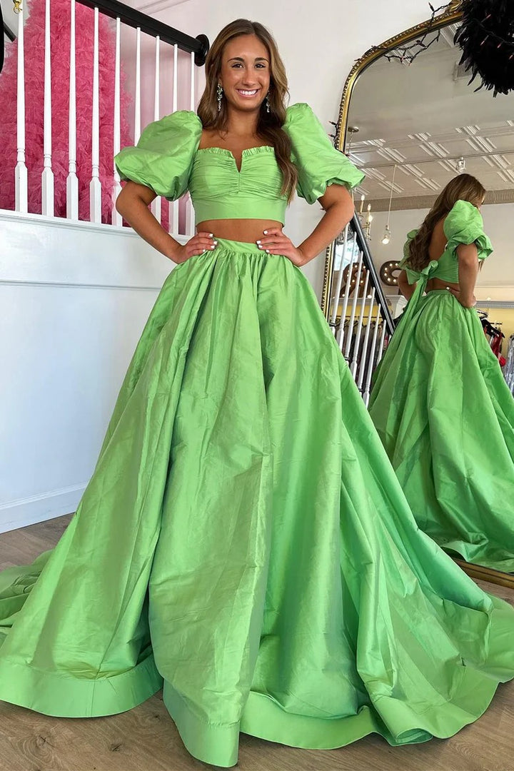 Lumidress Stylish Two-Piece Green Puff Sleeve Formal Dress with Tie-Back Detail