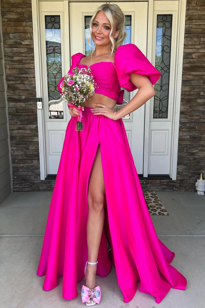 Lumidress Stylish Two-Piece Green Puff Sleeve Formal Dress with Tie-Back Detail