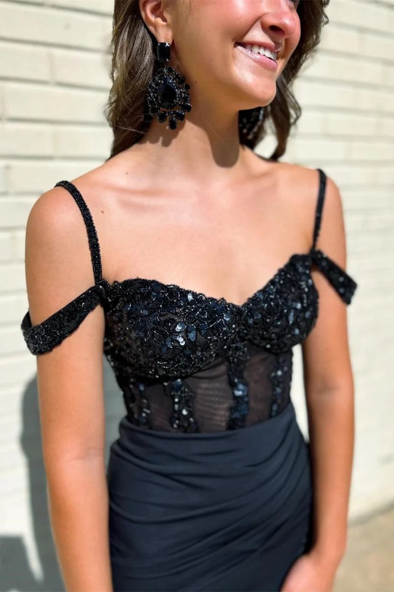Lumidress Elegant Black Sequin Cold-Shoulder Formal Dress with Side Slit