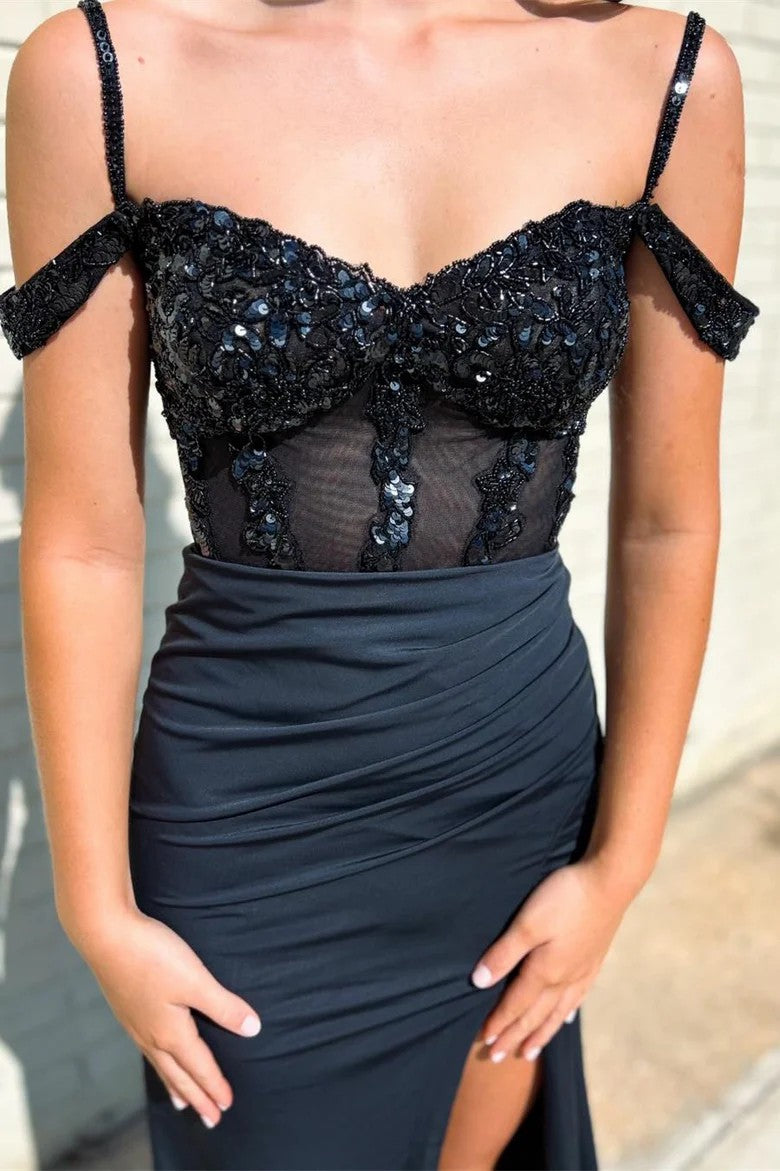Lumidress Elegant Black Sequin Cold-Shoulder Formal Dress with Side Slit
